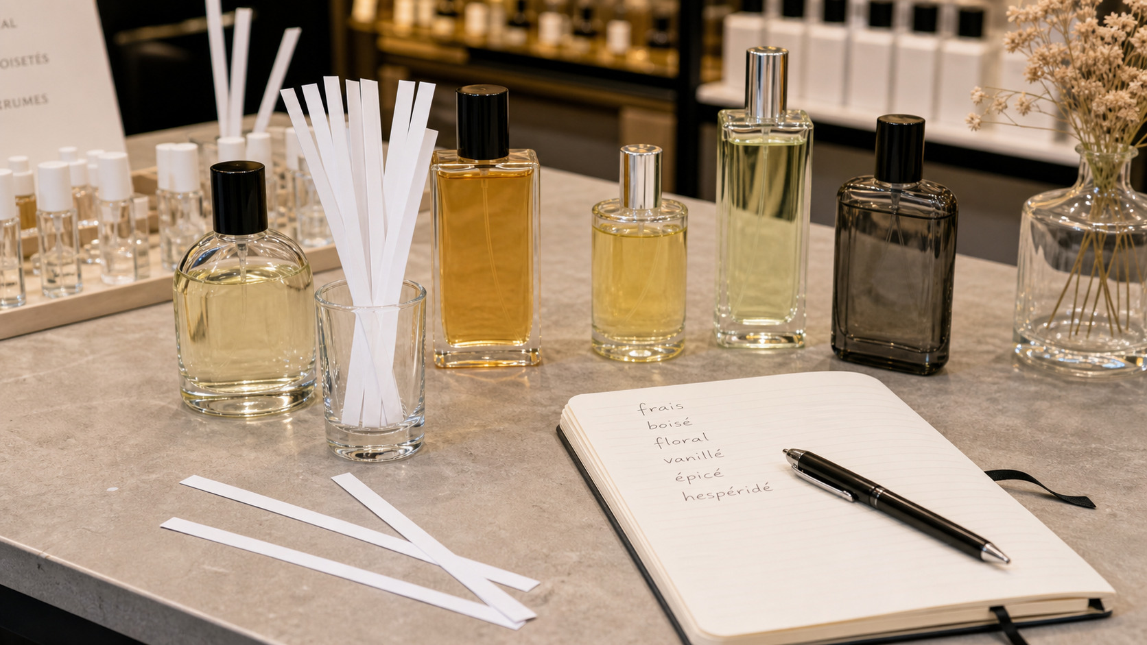 Touches papier parfumées, flacons et carnet de notes sur un comptoir de parfumerie
