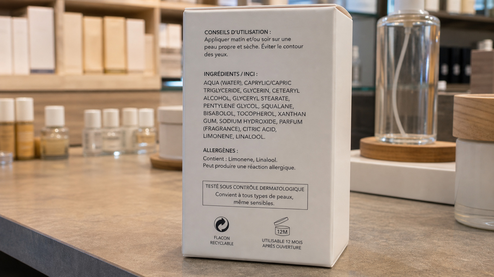 Étiquette cosmétique avec liste INCI, allergènes et symbole de durée après ouverture