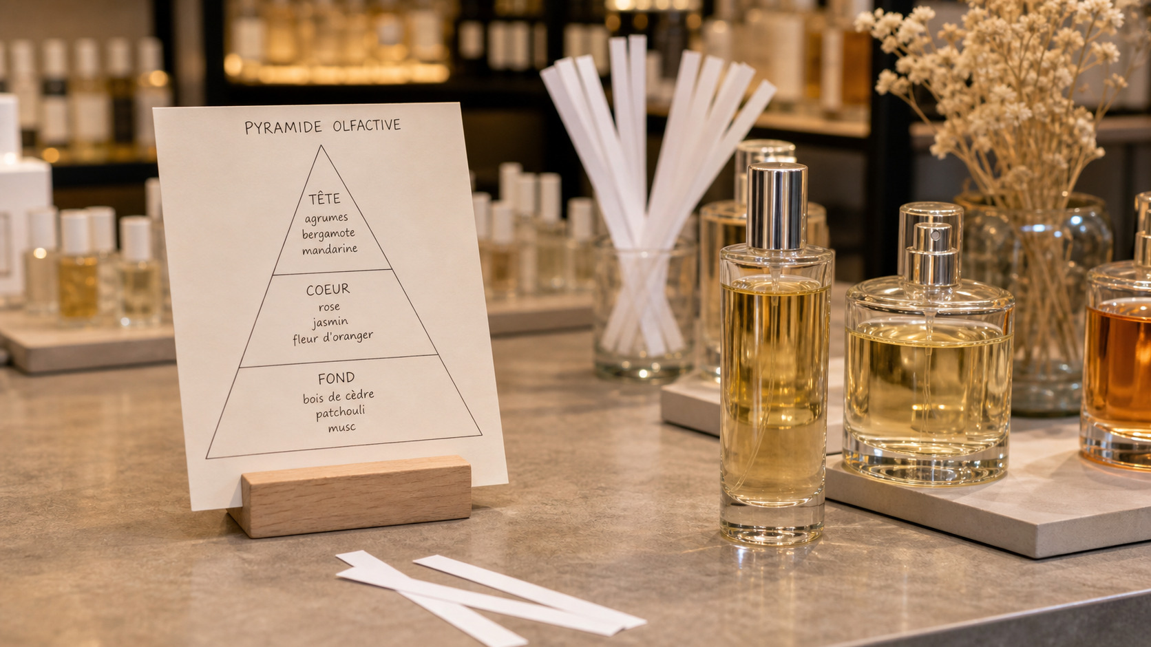 Pyramide olfactive avec notes de tête, de coeur et de fond près de flacons